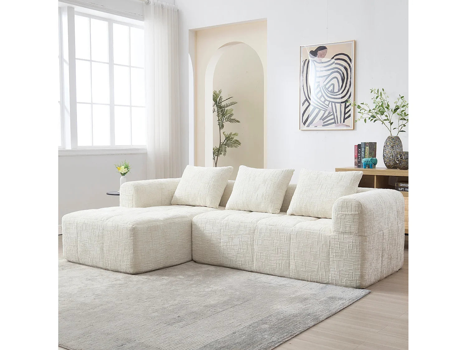 Canapé Compressé d'Angle Modulable 3 à 4 places Blanc en Tissu - LVHOM