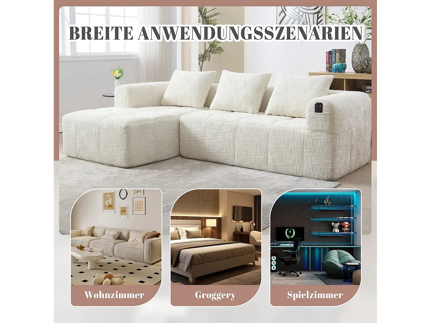 Canapé Compressé d'Angle Modulable 3 à 4 places Blanc en Tissu - LVHOM